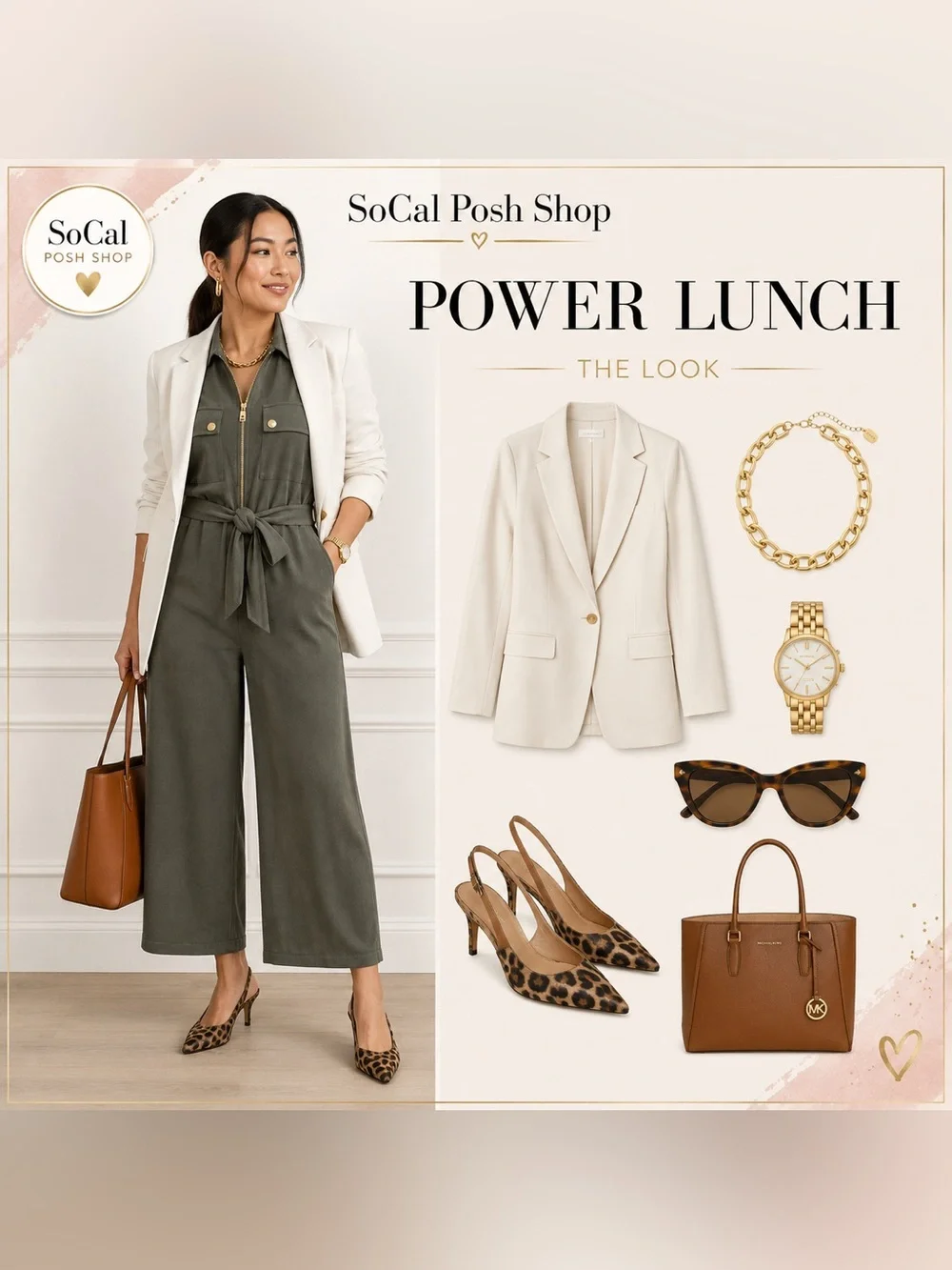 Michael Kors Sleeveless Utility Jumpsuit in Olive Green with Gold Hardware Large